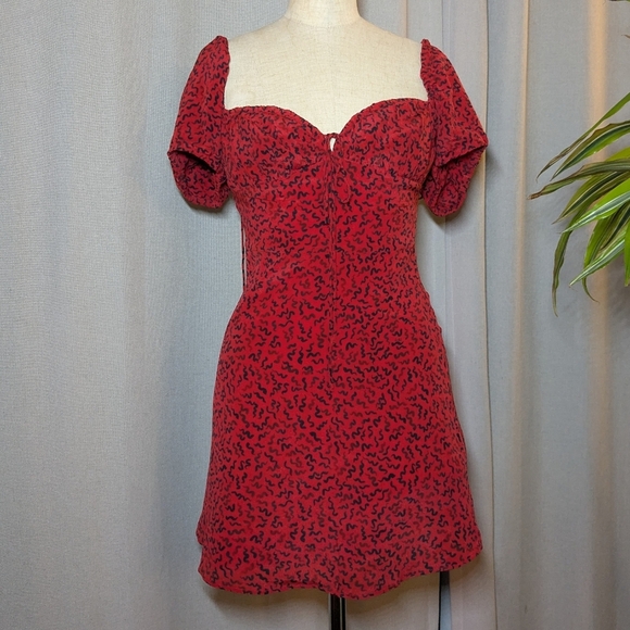Realisation Par Red Mini Dress Venus Puff Sleeves Sweetheart Silk XS - Picture 5 of 10